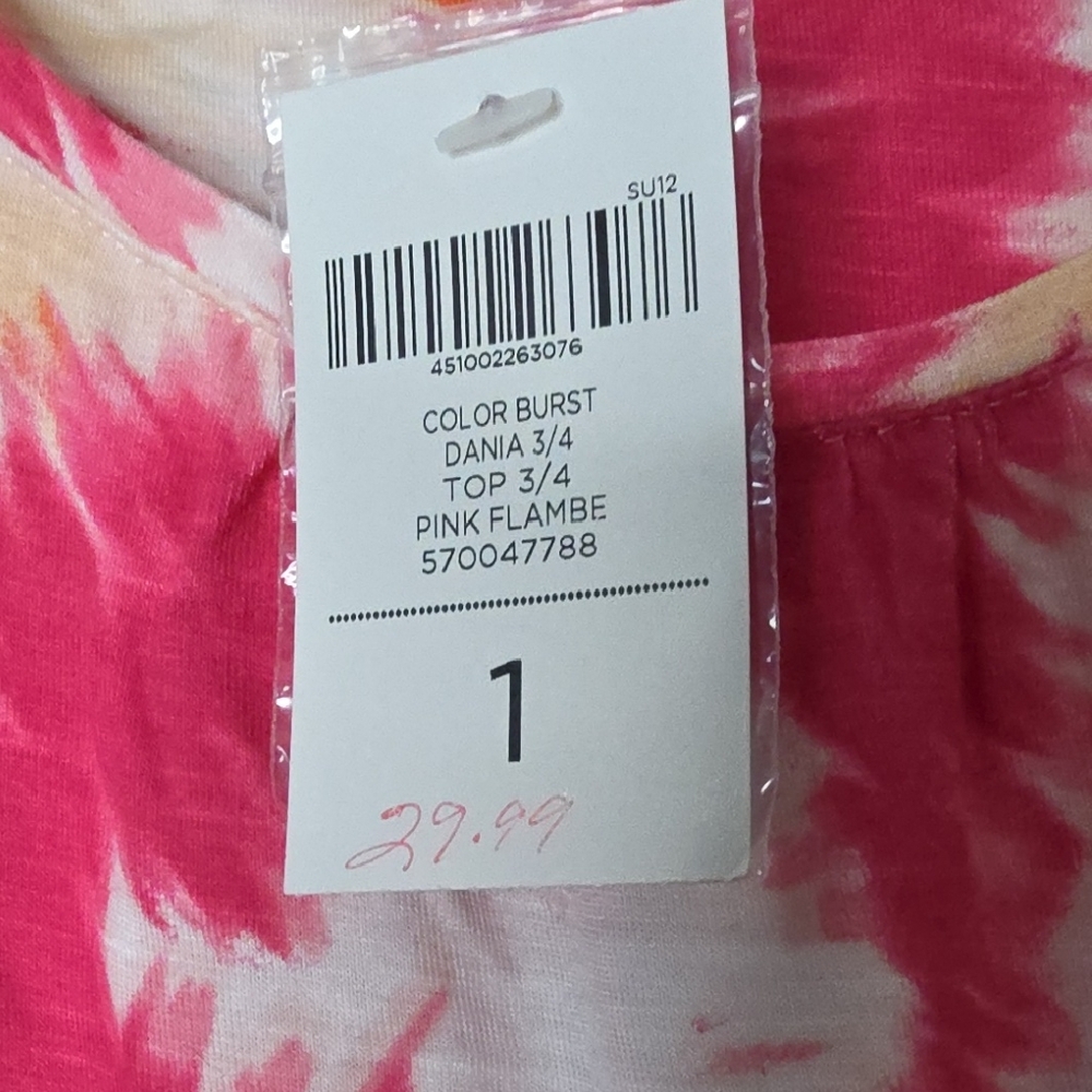 Chico's Pink and Orange Tie-Dye Scoop Neck Long Sleeve Top - Picture 2 of 4